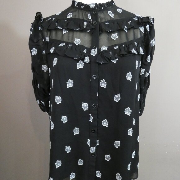 Shoshanna Tops - Shoshanna Women's M Terra Top Black Semi Sheer Floral Button Up Ruffle Detail